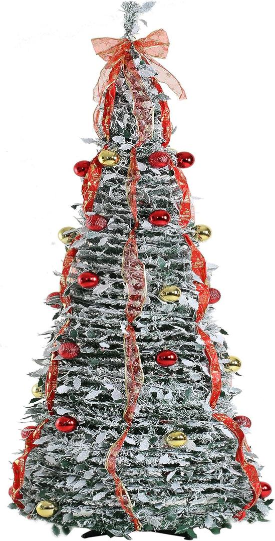 6ft Premium Artificial Pre-Decorated Lighted Popup Christmas Tree with Hanging Balls for Xmas Decoration Ready Christmas Tree (Gold and Red)