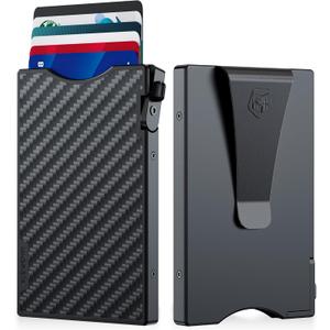 MNGARISTA Minimalist Slim Metal Wallet for Men, Pop Up Credit Card Holder with 3K Carbon Fiber Cover and Detachable Money Clip, RFID Blocking Wallet for 4-6 Cards (Black)