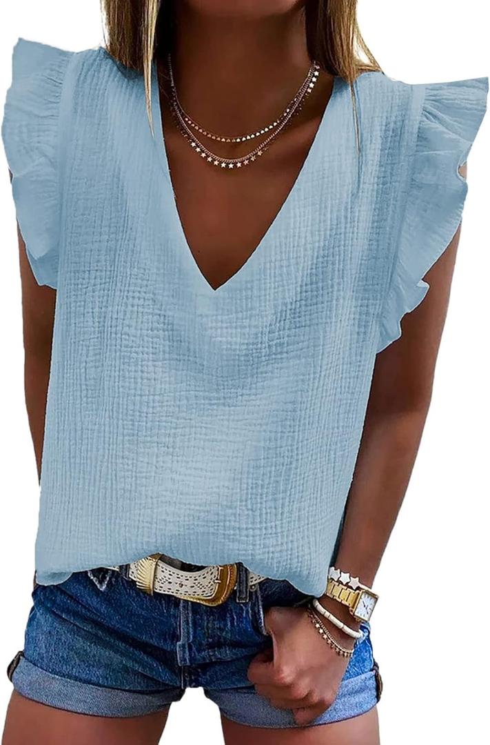 Dokotoo Womens 2025 Cute V Neck Ruffle Sleeveless Shirts Elegant Tank Tops Blouses (XX-Large, Sky Blue)