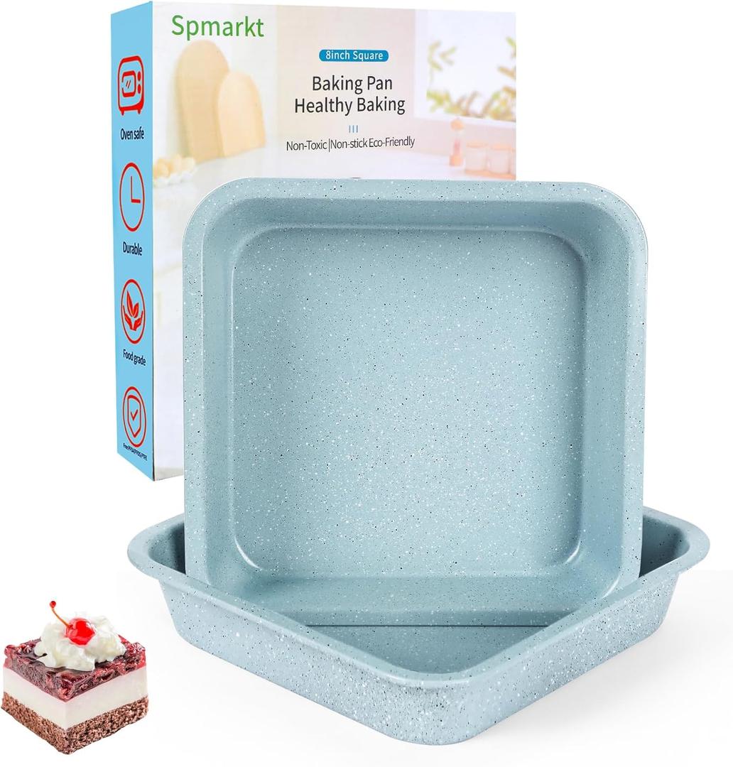 2-Pack 8 inch Square Baking Pan, Non-Stick Square Cake Pan for Cakes Lasagna Brownies, 8x8 Baking Pan, Even Heating, Easy to Clean, Light Blue