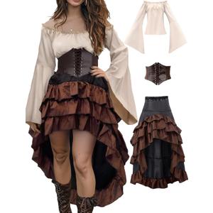 Verceco Pirate Costume Women Outfit with Renaissance Pirate Shirt Skirt Corset Waist Belt Womens Halloween Pirate Costumes (Beige+brown, Small)