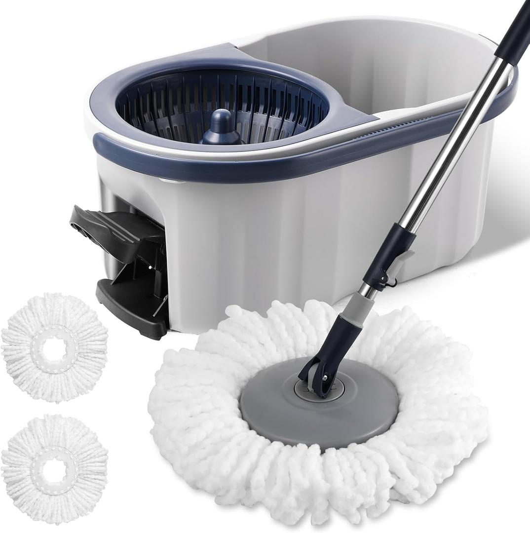 Spin Mop and Bucket System with180-Degree Rotating Head Telescopic Handle Dual Chamber Bucket Floor Cleaning Set with 3 Mop Refills Dual-Function Wringing Hand-Press and Foot-Pedal