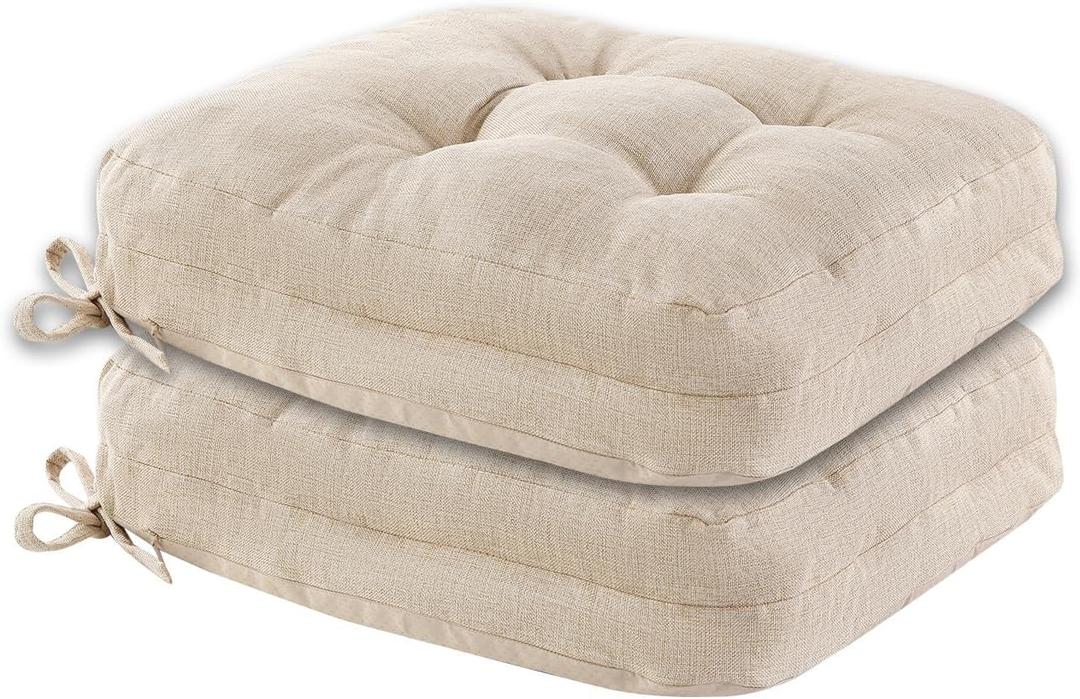 Dining Chair Cushions Set of 2, Double-Layer Memory Foam Kitchen Seat Cushions, Non-Slip Thickened Chairs Pads with Ties, 16.5"x16.5"x 3.5", Beige