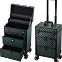 Yueieoun Rolling Makeup Train Case with Wheels 2 Large Drawers Nail Organizer Case Cosmetic Train Cases Traveling Cosmetology Case on Wheels Tattoo Carrying Case Makeup Carts Dark Green