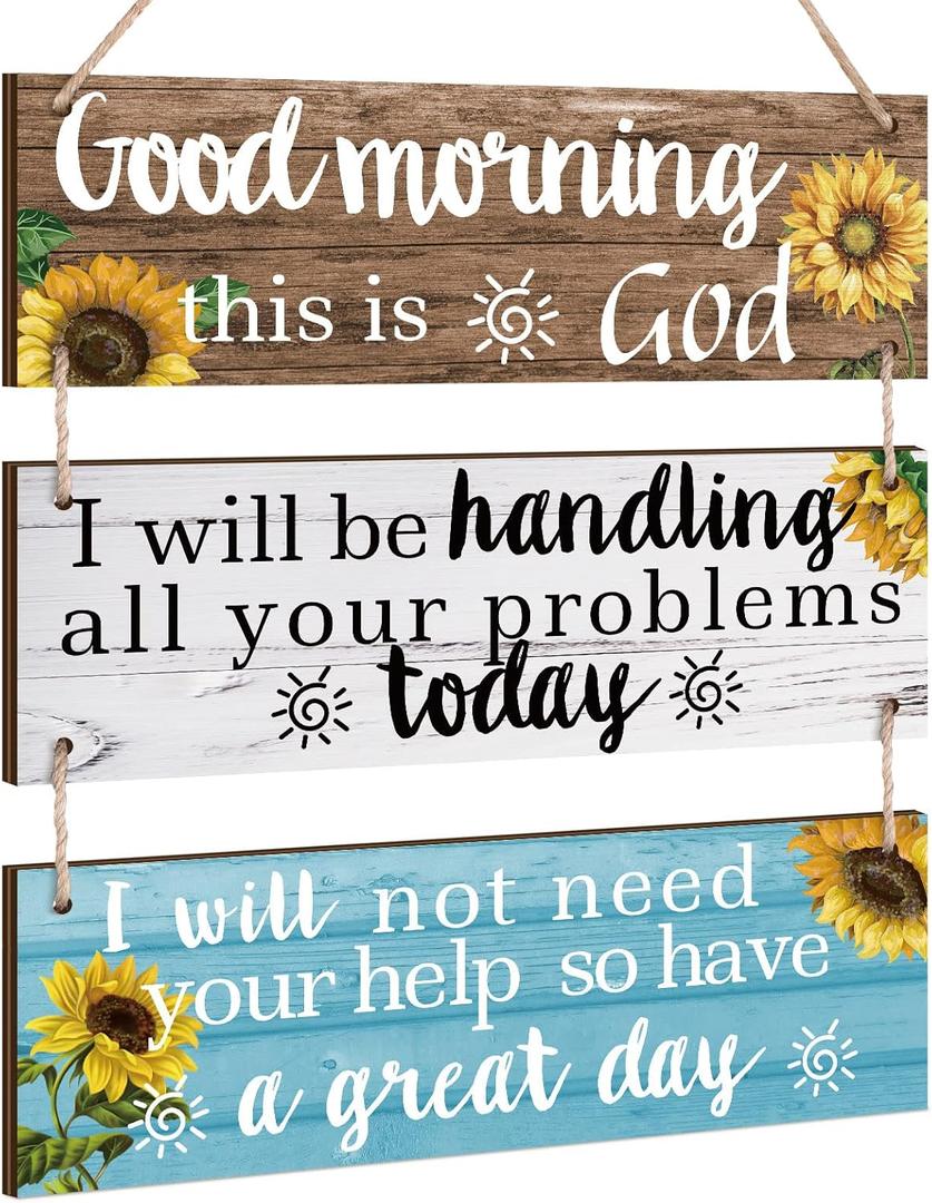 3 Pieces Christian Sunflower Wall Decor God Inspirational Quotes Wall Hanging Sign Bible Verse Art Religious Gift Sign Farmhouse Wooden Plaque for Bedroom Home Office