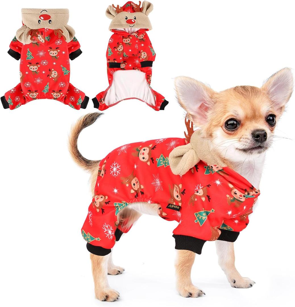 DaFuEn Dog Christmas Pajamas Reindeer Costume Puppy Hoodie Sweatshirts Xmas Cute Elk Pet Clothes for Small Dogs New Year Holiday Winter Warm Cats Jumpsuit Outfits Apparel (Small, Red)