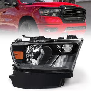 FIONE Halogen Headlights Assembly Compatible with Dodge Ram 1500 2019-2022 Replacement Headlamp with Black Frame Passenger Right Side RH 68316086AD 68316086AH