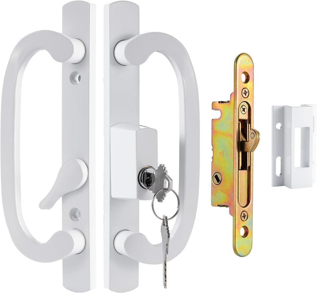 Keyed Sliding Patio Door Handleset, 45 Keyway, 3-15/16" H.C., Fits 1-3/8" to 2" Thick Doors, Non-Handed, White Diecast, Offset Position with Mortise Lock and KeeperOff Center Thumb Latch
