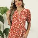 Kistore Womens Summer Short Sleeve Chiffon Blouses V Neck Button Tops Business Casual Work Shirts Red Apricot Floral S (S)