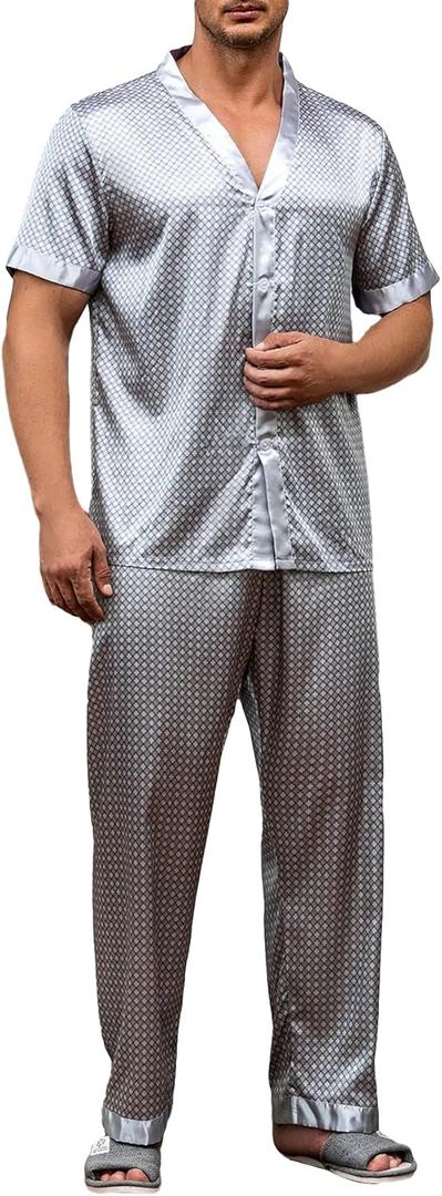 WDIRARA Men's 2 Piece Pajama Set Geo Print Satin Button Down Short Sleeve Sleepshirt With Pants (3X-Large, Grey)