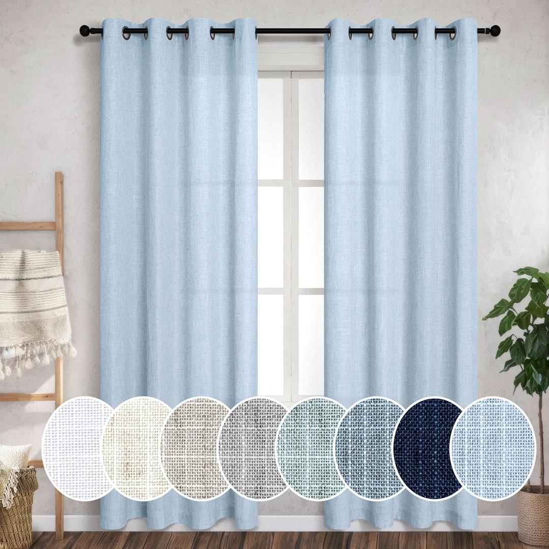 Linen Grommet Curtains 108 inches Long 2 Panels Set for Living Room Sliding Glass Door Back Tab Pocket Semi Sheer Soft Light Blue Cotton Curtains Baby Blue Drapes 108 inch Floor to Ceiling Length