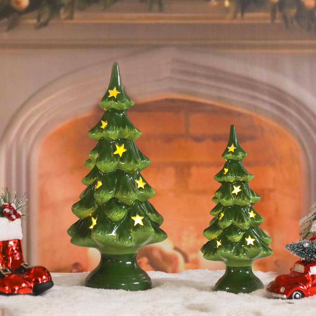 Ceramic Christmas Tree 2 Pack, Hand-Painted Ceramic Christmas Tree with Night Lights Tabletop Christmas Decor for Holiday, Indoor Decorations Home Decor Battery Powered Warm Lights Gift (10.1")