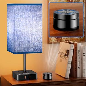 Bedside Lamp & Desk Lamp with Remote, Touch Control, USB-C/A Ports + Outlets | Blue Fabric Shade Nightstand Table Lamp for Bedroom, Living Room Lighting | Cute Modern Boho Lamp with Charging Station