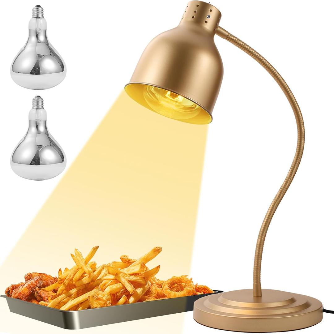 Food Heat Lamp, Heat Lamp with Flexible Arm, 250W Bulbs x 2-5000 Hours Rated, Commercial Food Warmers for Buffet, Parties, Fast Food, (Brass) (Single-Head)