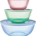 Pyrex Colors (3-Pack, Full Set) Sculpted Tinted Glass Mixing Bowls With Plastic Lids, Nesting Space Saving Set of Bowls For Prepping and Baking, 1.3QT, 2.3QT & 4.5Q, (Pink, Green, Blue), 3 Pack, Small/Medium/Large, With Lids