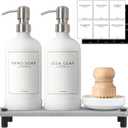 Kitchen Soap Dispenser Set with Instant Dry Tray,16 Oz Hand and Dish Soap White Glass Dispenser Set,Stainless Steel Pump,Waterproof Labels&Dish Brush,Luxury Soap Bottle for Kitchen,Bathroom (8.6"L x 3"W x 3"H)