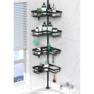 DAOYA Corner Shower Caddy Tension Pole - 4 Tier Stainless Steel Rustproof Shower Corner Caddy for Bathroom Shower Organizer Shelves Adjustable Pole 25-114.2 Inch Black