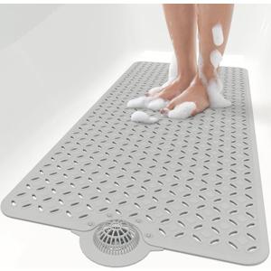 OTHWAY Bath Mat for Tub Non Slip: 39" X 17" Long Bathtub Mat with Hair Catcher│Big Drain Holes Shower Mats for Inside Shower│Machine Washable (Grey)