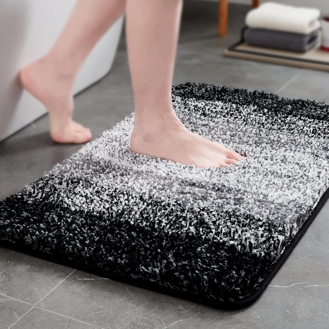 TECHMILLY Super Soft Shaggy Bathroom Rugs, Absorbent Thick Non Slip Microfiber Bath Rugs, Quick Dry Machine Washable Bath Mat for Bathroom Floor, Bathtub and Shower 20"x32" (Black Gradient)