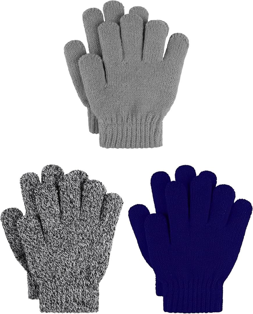 Cooraby 3 Pairs Kid's Winter Gloves Thick Warm Knitted Gloves Children Cold Weather Gloves (6-12 Years, Black and White, Navy, Grey)