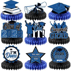 Yisong 9 Pieces 2025 Graduation Party Table Decorations Class of 2025 Congrats Graduation Centerpieces for Tables Congratulate Honeycomb Centerpiece Topper for Grad Party Supplies(Blue)