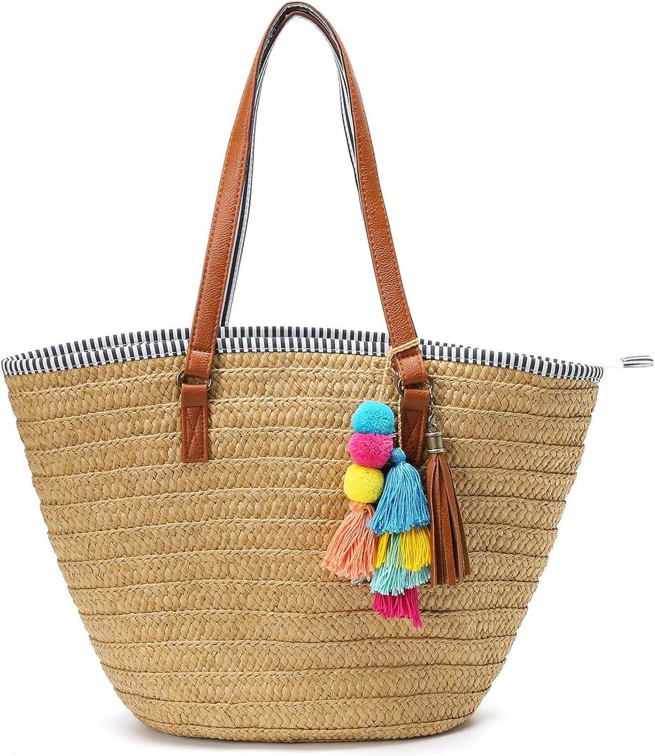 Epsion Straw Beach Bags Tote Tassels Bag Hobo Summer Handwoven Shoulder Bags Purse With Pom Poms (A-light Brown)