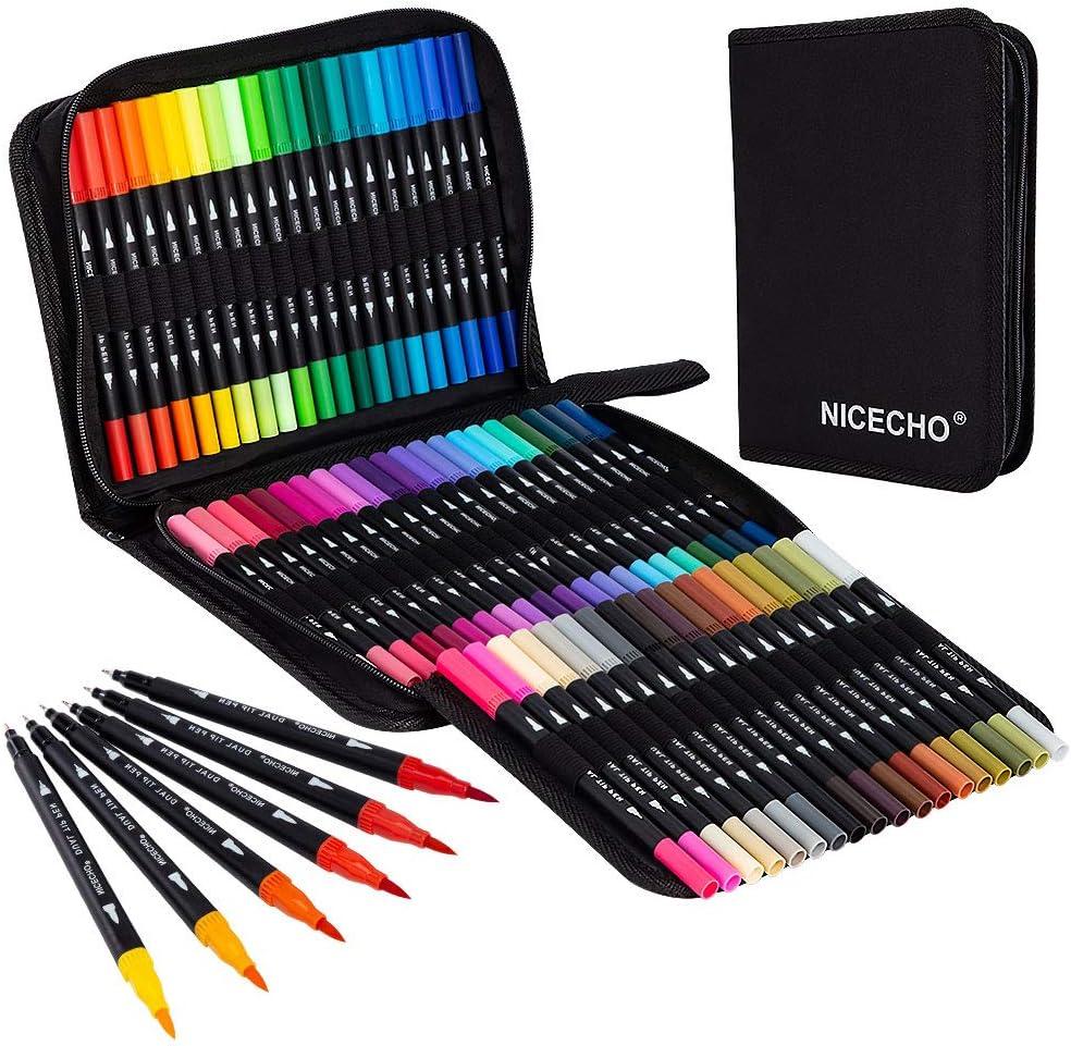 Nicecho 60 Colors Markers for Adult Coloring Books, Dual Brush Art Marker Pens - Fineliner & Brush Pen for Journaling, Calligraphy, Drawing, Sketching