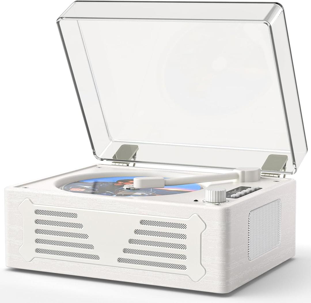 Portable CD Player with Bluetooth for Home CD Player with Built-In Speakers, Compact Desktop Design, USB, AUX, Headphone Jack, Vintage CD Player for Music Lovers (White Wood)