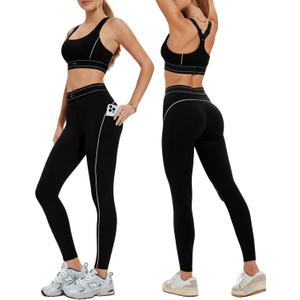 Mudere 2 Piece Workout Sets for Women High Waist Leggings with High Impact Sports Bra Yoga Outfits (Medium, Black)