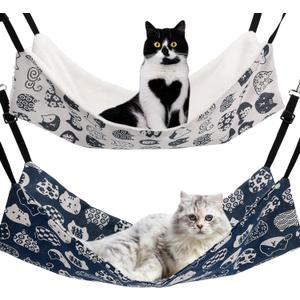 Cat Hammock for Cage Hanging Reversible 2Pack,Pet Hammock Bed Adjustable,Soft Sleeping Hammock for Cats,Ferret,Puppy,Rabbits,Small Animals (M, CAT)