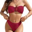 Blooming Jelly Womens Bandeau Bikini Sets Sexy Strapless Two Piece Swimsuit Cheeky High Cut Cute Textured Ladies Bathing Suit, XL