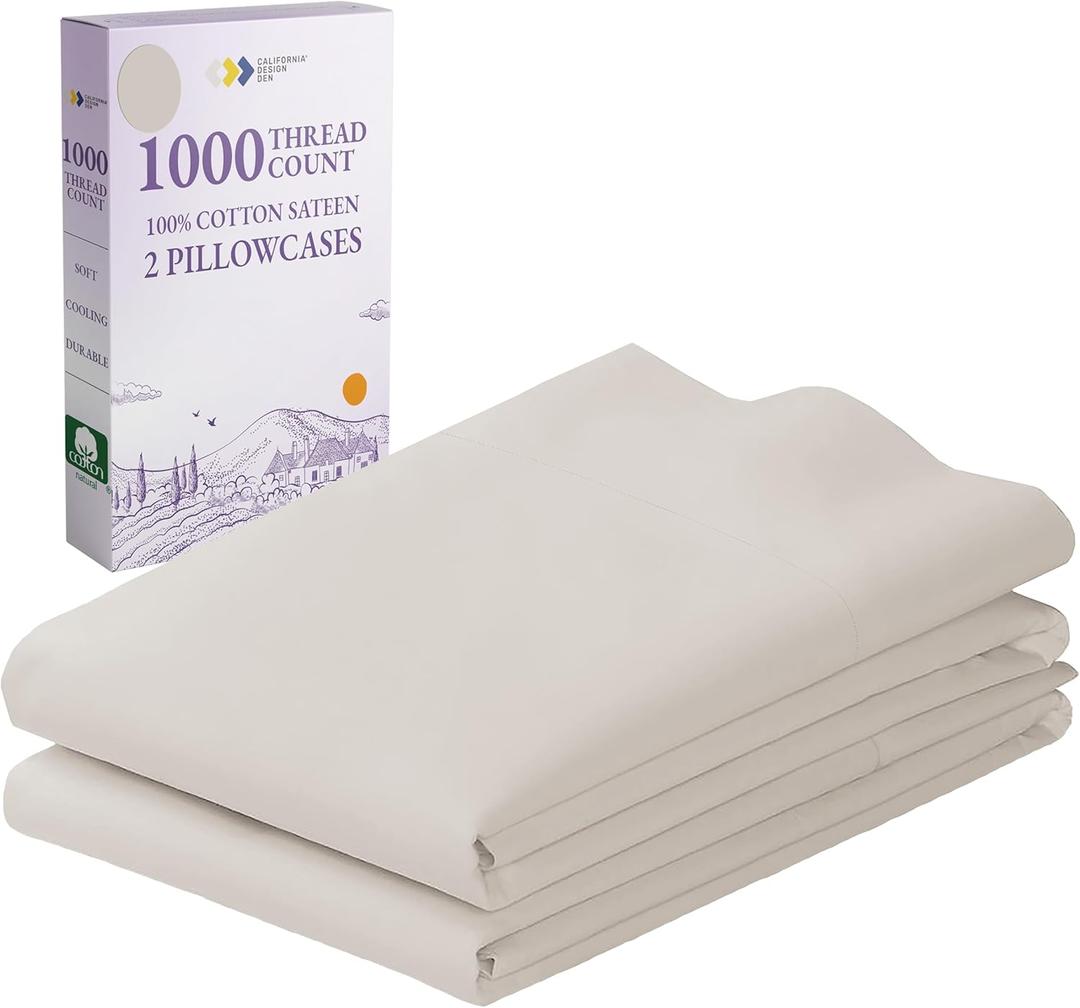 California Design Den Pillow Cases King Size Set of 2 - Luxury 1000 Thread Count Sateen, Soft and Thick 100% Cotton King Pillowcases, Breathable and Durable, Hotel Quality - Sand Beige