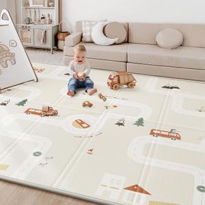 Baby Play Mat, 0.6" Foam Thicker Baby Playmats, Large Foldable 78"x70" Play Mat for Babies, Waterproof & Reversible Baby Mat for Floor, Crawling Baby Mat for Indoor&Outdoor&Travel(70*78*0.6) (City&Bus)