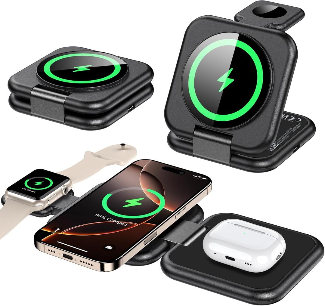 3 in 1 Charging Station for Apple Multiple Devices-Magnetic Wireless Travel Charging Station for iPhone 16 15 14 13 12 Series,Foldable Mag-Safe Charger Pad for Apple Watch,for Airpods Pro,Green