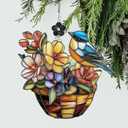 Bird Stained Glass Style Ornament, Acrylic Window Hanging Suncatcher Decoration, Colorful Bird and Floral Basket Decor for Christmas Tree, Garden or Home, Gift for Women Mom Birthday Holiday