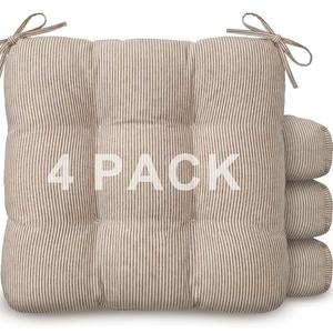 Geetery Khaki and White 4 Pack Ticking Stripe Chair Cushions with Ties, 16"x15" Reversible Indoor Chair Pads for Dining Chairs, Soft Kitchen Seat Cushions for Home Office Living Room