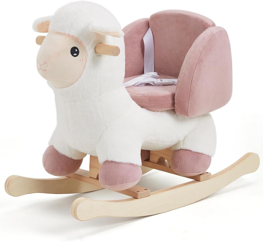 labebe - Baby Sheep Rocking Horse, Kids Plush Stuffed Rocking Animals, Ovis Aries Rocker with Seatbelt for 6 Months Babies, White Romney Rocking Horse for Toddler 1-3 Age Girl, Small