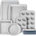 CAROTE 7-Piece Nonstick Stackable Baking Pans Set - Bakeware Sets Including Cookie Sheets for Baking, Muffin Pan, Bread Pan, Cake pan, Loaf Pan, Roasting Pan, Gray & Blue