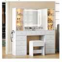 Vanity with 12 Drawers & 2 RBG Lights Cabinets, Makeup Vanity with Mirror and Lights, Vanity Desk with Power Outlet, Tempered Glass Top, Ample Storage, Dressing Table for Bedroom, White