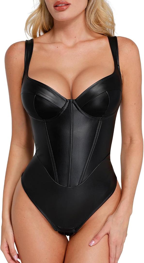 Popilush Leather Corset Bodysuit for Women Tummy Control V Neck Thong Shapewear Sleeveless Body Suit Trendy Tops (X-Large, Black)