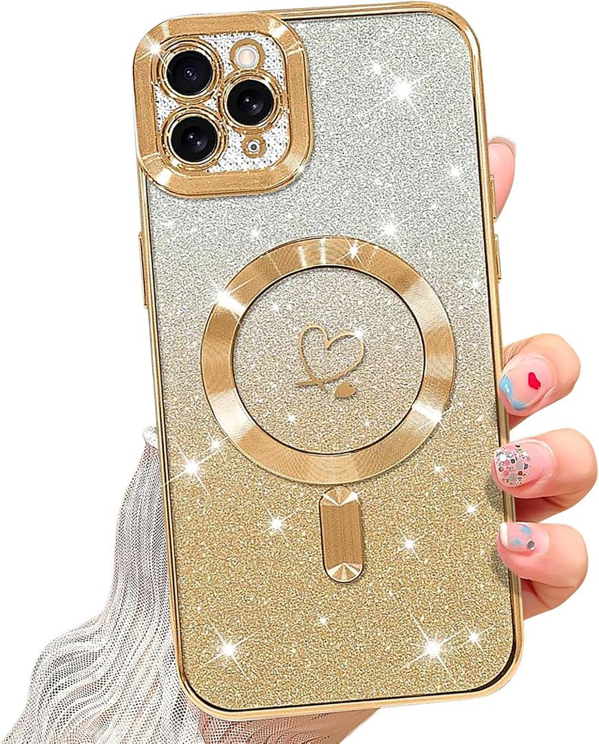 NITITOP Compatible with iPhone 11 Pro Max Case Cute Clear Glitter [Compatible for MagSafe] Plating Heart Sparkle Bling Magnetic Girl Women Electroplated Frame Camera Protection Back Cover - Gold