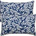 Pack of 2 Patio Lumbar Pillows, 12"x20" Fade Resistant Outdoor Waterproof Lumbar Pillow with Inners, Decorative Garden Lumbar Cushions for Home Patio Terrace Sofa Use (Blue and Leaves)