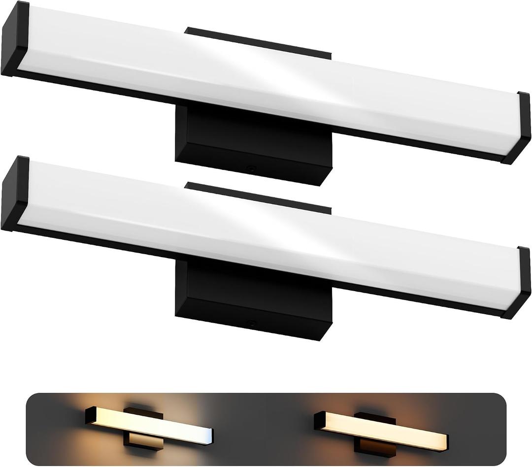 18 Inch Bathroom Vanity Light Fixtures with Night Light: Long Square Wall Mounted LED Lighting Bar Over Mirror with 5CCT & 2200K Color Changing, 120V, 780-900lm, ETL, Matte Black, 2 Packs