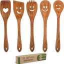 MFC 5-Piece Wooden Cooking Spoons - Kitchen Set from Natural Cherry Wood - Wooden Spoons for Cooking - Funny Utensil Set with Smiley Faces - Cooking Multipurpose Wood Utensils