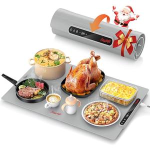 Laudlife Electric Warming Mat for Food, RollUp Silicone Heating Pad with 7 Adjustable Tempmaster Levels, Foldable Warming Tray for Countertop,Buffet Party, Kitchen & Home Daily Use, Child Lock, Gray
