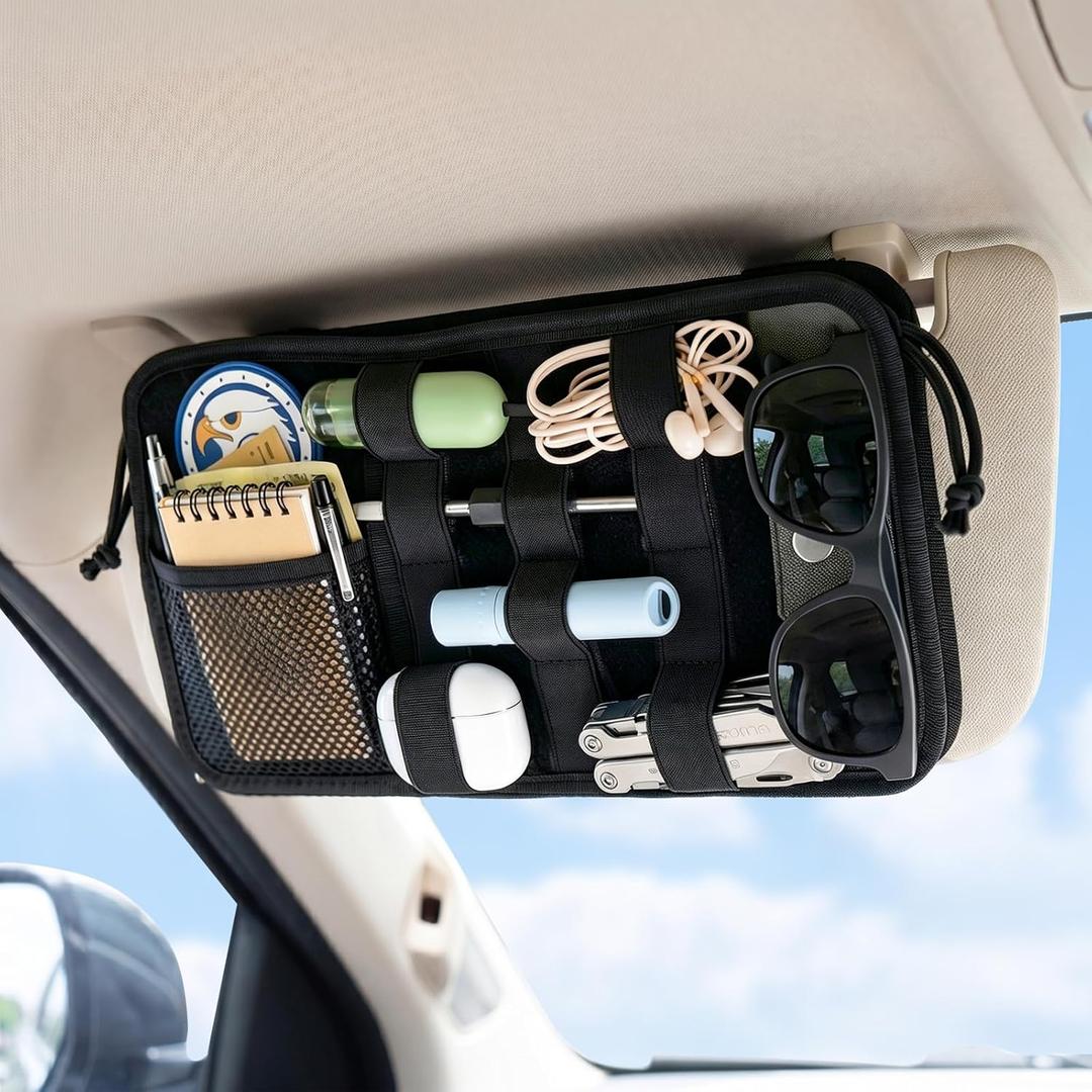 TICARVE Car Sun Visor Organizer, Multi-Pocket Visor Organizer Storage Pouch, Heavy Duty Molle Panel with Double Zippers, Elastic Bands & Glasses Clip, Tactical Storage Pouch for Cars, SUVs, Trucks