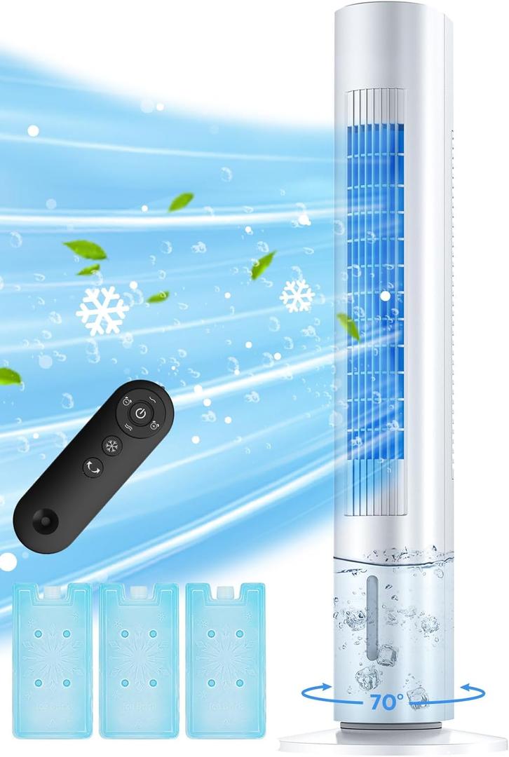 MYICY Evaporative Air Cooler, 35" Windowless Air Conditioner Portable, 3 Speeds, 1.2L Water Tank, 3 Ice Packs, 20ft Remote, 7H Timer, No Hose No Window Needed,70° Oscillating Portable AC Unit for Room