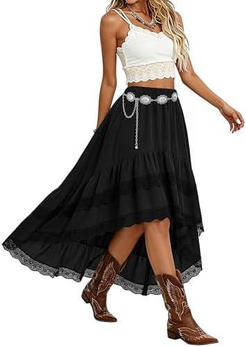 Women's Western Boho High Waist Lace Trim Skirt Asymmetrical Tiered Cowgirl Midi Skirt for Country Concert Music Festival, Size XL