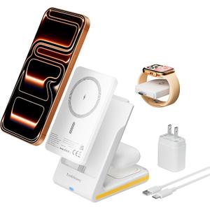 Wireless Charger 5 in 1 Magnetic Charging Station Stand with Portable Power Bank for Apple/Samsung Multiple Devices for Apple Watch 10-2,iPhone 16 15-12 Pro Max/Samsung Galaxy S25 Ultra S24-S8