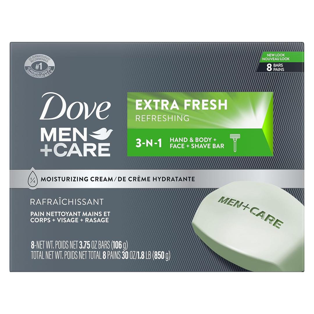 Dove Men+Care Bar 3 in 1 Cleanser for Body, Face, and Shaving Extra Fresh 14 Bars to Clean and Hydrate Skin Body and Facial Cleanser Mandarin Citrus, Patchouli, and Rosemary Scent 3.75 oz